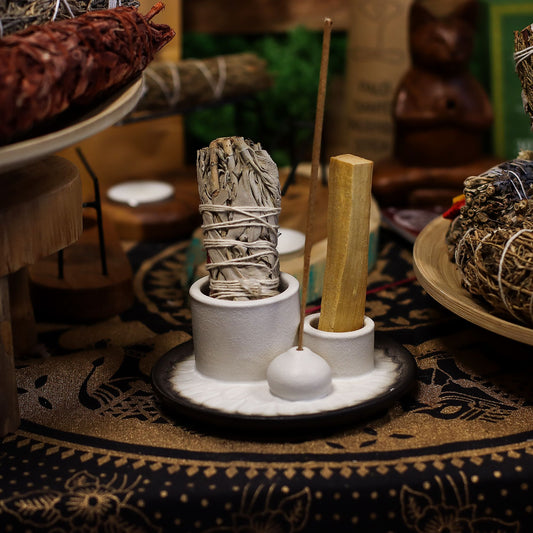 Soporte cerámico para Palo Santo e Incienso - Mandala - Blanco y Gris