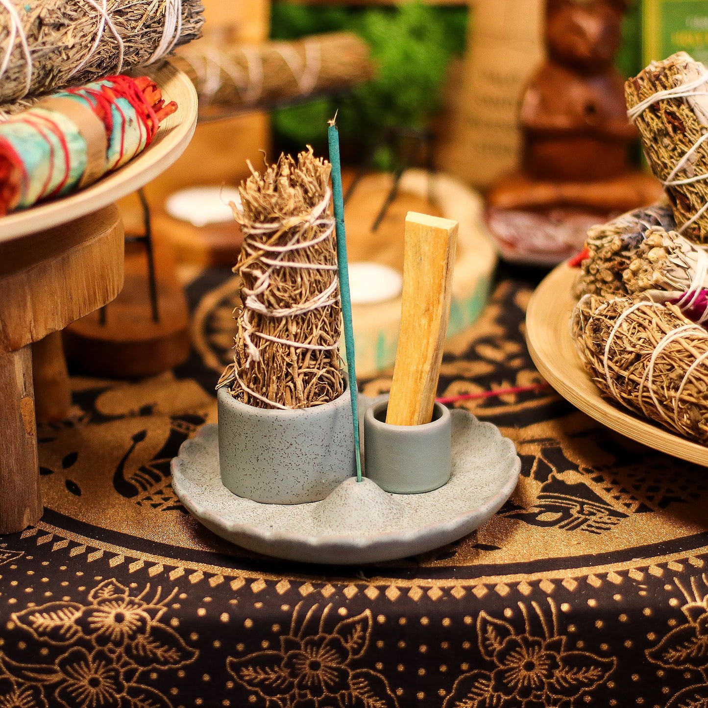 Soporte cerámico para Palo Santo e Incienso - Flor de loto - Azul