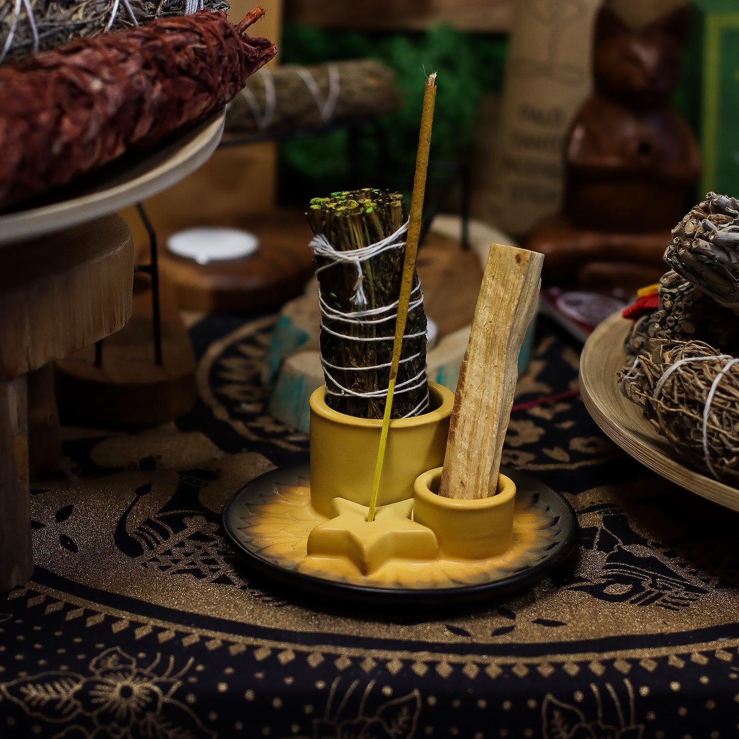 Soporte cerámico para Palo Santo e Incienso - Mandala - Arena y Gris