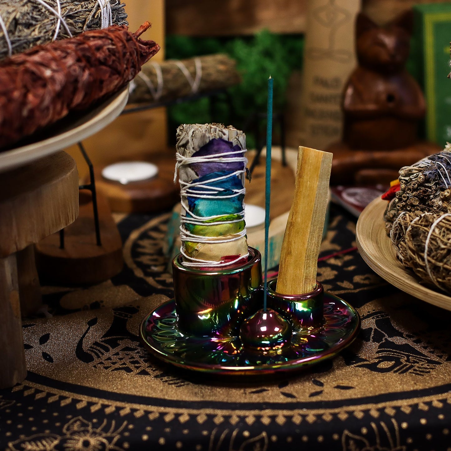 Soporte cerámico para Palo Santo e Incienso - Mandala - Arcoíris Metálico